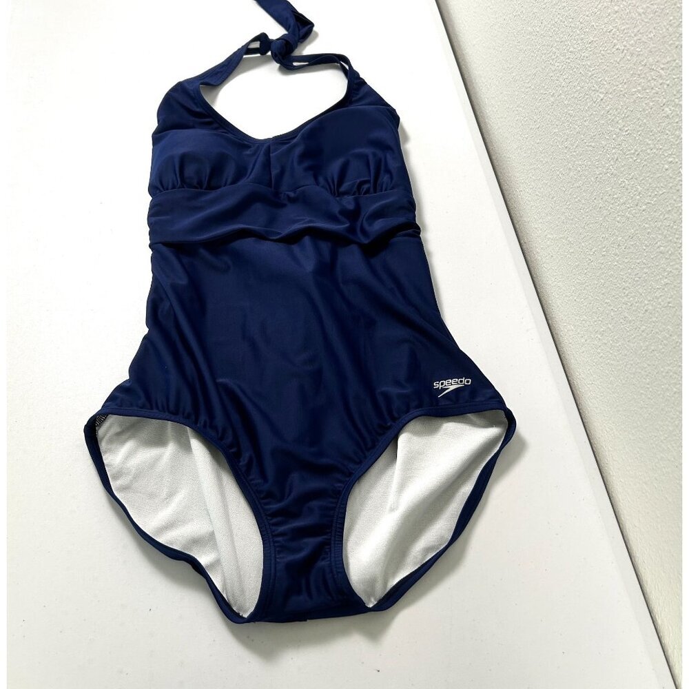 Speedo One Piece Swim Bathing Suit Womens Size L Navy Blue Padded Tie Halter